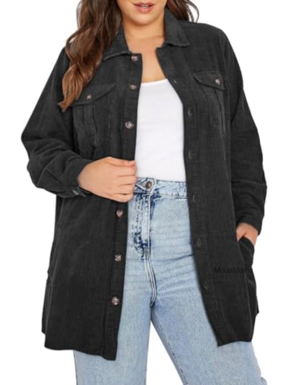 Plus Size Corduroy Shacket Button Front Long Sleeve Boyfriend Jacket